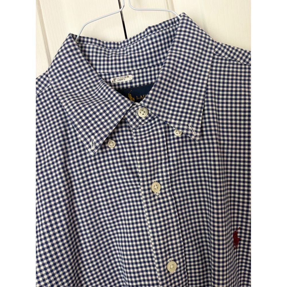 Ralph Lauren Gingham Button Down Men L Blue White Pony Long Sleeve Shirt Preppy